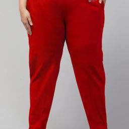 Women Slim Fit Red Cotton Blend Trousers-image-4