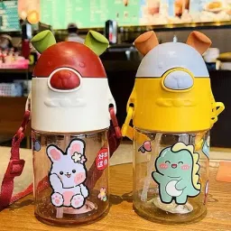 BPA free cute bunny children kids plastic water bottle with straw and strap 550 ml Water Bottle-image-54