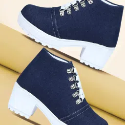 Women’s Denim Lace-Up Boots with Chunky White Block Heel – Casual Wear Boots For Women-picture-6
