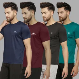 Pack of 4 Men Solid Round Neck Polyester Navy Blue, Maroon, Black, Dark Green T-Shirt-image-64