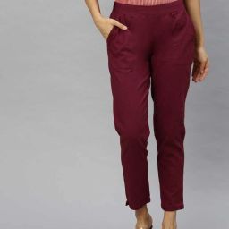 Women Regular Fit Maroon Cotton Blend Trousers-image-57