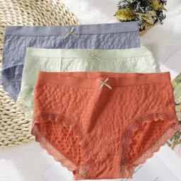 Pack of 3 High Coverage Combed Line Free Seamless Lace Border Cotton Blend with Breathable Women Hipster Multicolor Panty-picture-8