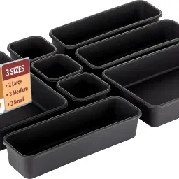 Plastic Set of 8 Multi-Purpose Makeup Drawer Organisers Set for Storage | Matte Black Storage Basket-14