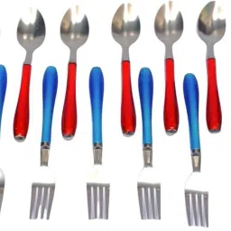 Spoon & Fork Set Of-12 Steel with Shiny Blue And Red Plastic Handle Stainless Steel, Plastic Table Spoon Set-image-43