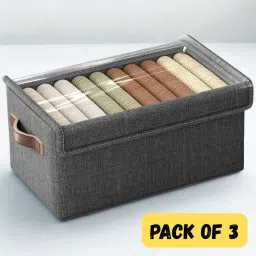 Ashmakam 3 Pcs Storage Box with Lid, Stackable Wardrobe Baskets with Handles Poly-canvas Laundry Bag-1