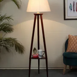 Uniquely Off White Cotton and Acrylic Shade Shelf Floor Lamp With Mango wood Base By Tu Casa-picture-12