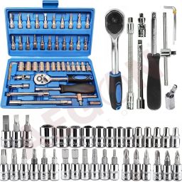 SS-46, 1/4" HeavyDuty Ratchet , Chrome Vanadium Hand Tool Kit, DR Socket Set For Repairing Work, DIY, Auto Car Double Sided Combination Wrench-19