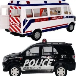 Set Of 2 Tempo Traveler Ambulance & Car, Pull Back Action Toys For Kids & Display Piece ( 2 Combo Offer ) (White, Black, Pack of: 2)-11