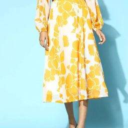 Women Floral Print Flared Yellow Skirt-image-4