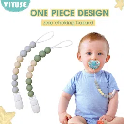 2Pcs Baby Pacifier Chain and Teether Holder Belt Clip Set in Beige Grey Soother-12