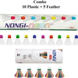 Badminton shuttle(400s & Neonplus) combo pack of 15 for sports Plastic & Feather Shuttle - White-23