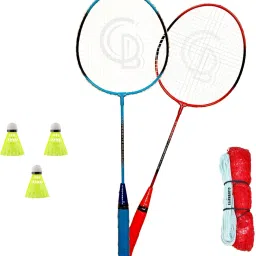 Premium Red Blue Single Shaft 2 Badminton Rackets With 3 Nylon Shuttles And Net Badminton Kit-picture-13