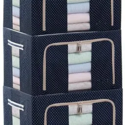 Cloth Organizer Fabric Foldable Box Steel Frame Collapsible Wardrobe Storage Organizer Bag for Blanket Quilt Clothes Kids Dress Garment Shirt Saree - 55L (Multicolor). Pack of 3 Storage Box-image-28