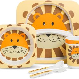 Bamboo Baby Tableware Set, Eco Frinedly Bamboo Fiber Dinner Set for Weaning Toddelrs/Kids, Self Feeding Baby Utensil Set of 5 Pcs, Attractive Multicolor Cartoon Motifs (Lion)- Bamboo Fiber-picture-8