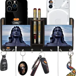 Designer Adiyogi Wooden 2 Pocket Mobile and Pen holder 8 Hooks Wood Key Holder-image-102