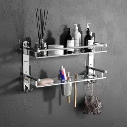 4 in 1 Adhesive Stickers Bathroom Shelf with Soap Dish and Toothbrush Holder 16 inch 1 Bar Towel Rod-image-52