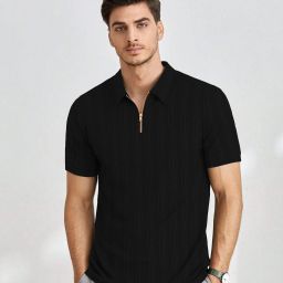 Men Self Design Polo Neck Polyester Black T-Shirt-image-78