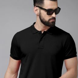 Self Design Men Polo Neck Polycotton Black T-Shirt-image-4