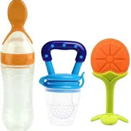 Silicone Fruit Teether & Food Nibbler & Spoon Bottle (Multicolor) (Pack of 3) Teether and Feeder-1