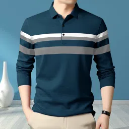 Men Striped Polo Neck Cotton Blend Green T-Shirt-image-0