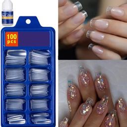 Artificial Transparent 100 Pieces Reusable Fake Nail Tips With Nail Glue Transparent-image-66