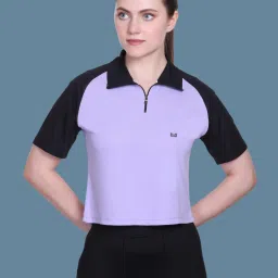 Women Colorblock Zip Neck Polyester Purple T-Shirt-image-21