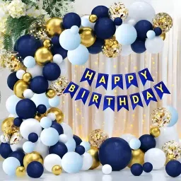 Solid Blue Birthday Decoration Kit With White Net Cloth and Led Light Balloon-22