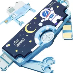 Space Theme Buttons Operated Magnetic Pencil Stationery Box (with Accessories) Space Theme Trending Return Gift Geometry Compass Box for School Students Art Plastic Pencil Box-13