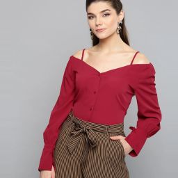 Casual Cuffed Sleeves Solid Women Maroon Top-image-67