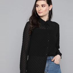 Women Regular Fit Self Design Curved Collar Casual Shirt-image-1