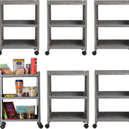 Pack of 6 Multipurpose 3-Layer Storage Trolley Rack with Wheels | Grey Plastic Kitchen Trolley-16