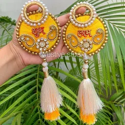 Nutts Yellow Moti Chudi Booti Shubh-Labh Tassel Beaded Hanging Toran-picture-14