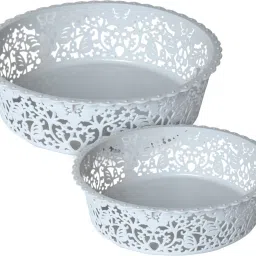 Plastic Leaf Design Multipurpose Round Shape Basket , Large Pack of 2 (Grey) Storage Basket-61