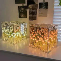 dangfly Handmade DIY Tulip Cube Mirror Light, Tulip Flower Table Lamp Night Lamp image 2