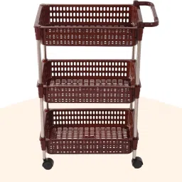 kuber industries Multipurpose 3-Shelf Storage Revolving Trolley Rack with Wheels|Brown Plastic Kitchen Trolley image 2