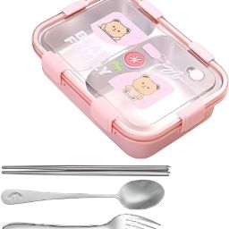 Bear Style Bento Box with Cutlery for Kids, Leakproof, 2 Compartments 2 Containers Lunch Box-22