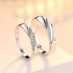 Adjustable Couple Ring for lovers in silver stylish king Queen design Metal Cubic Zirconia Platinum Plated Ring Set-19