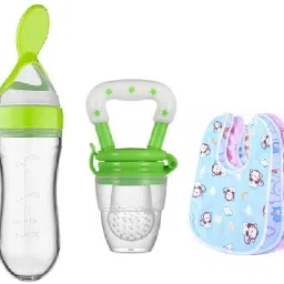 Baby Apron with Bib Pack of 3 & Baby Spoon Feeder & Fruit NIbbler - Silicon-33