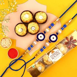 Rakhi for Brother with Chocolate - 2 Evil Eye Brother Rakhi and Chocolate Assorted Gift Box-image-94