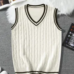 Men Solid V Neck White Sweater-image-3