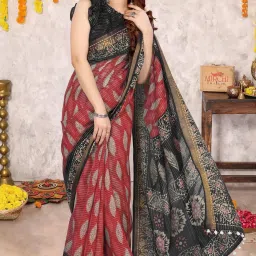 Printed, Blocked Printed, Embroidered Kantha Cotton Blend Saree-image-4