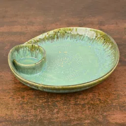 stylemyway Luxurious Hand Embossed Ceramic Platter with Fixed Dip Bowl Chip & Dip Tray Serving Set image 4