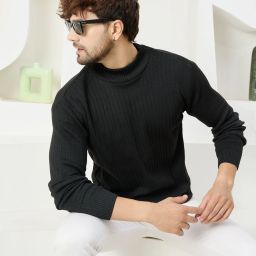 Men Solid High Neck Black Sweater-image-3