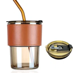 2 in 1 Glass Leather Mug with Silicone Straw and Glass Lid, Multipurpose-picture-14