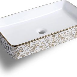 Ceramic Premium Desisgner Table Top/Over Counter/Vessel Sink Wash Basin for Bathroom 24 x 14 x 4.5 Inch Rectangle Shape (Golden Floral) Table Top Basin-image-4
