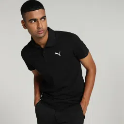 Ms Ess Men Solid Polo Neck Pure Cotton Black T-Shirt-image-2
