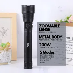 mz M982 (ZOOMABLE METAL LED TORCH)5 Modes Flashlight, Super Bright 200 W LED Light Torch image 4