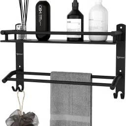 grivan 3 in 1 Multipurpose bathroom shelf/rack, with double towel rod and 2 dual hooks BLACK MATTE Towel Holder image 4