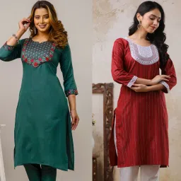 Pack of 2 Women Embroidered Pure Cotton Straight Kurta-image-41