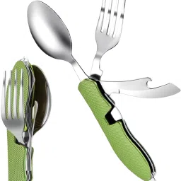 4 in 1 Camping Tableware Folding Fork Spoon Cutter Bottle Opener Travel Tool Compass-33